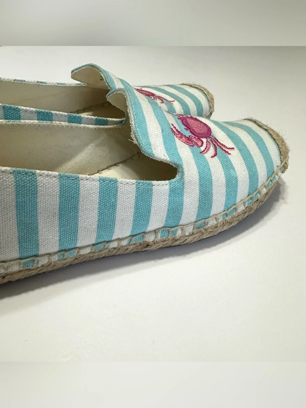 Talbots Striped Aqua & White Espadrille Slip-Ons with Pink Crab Embroidery